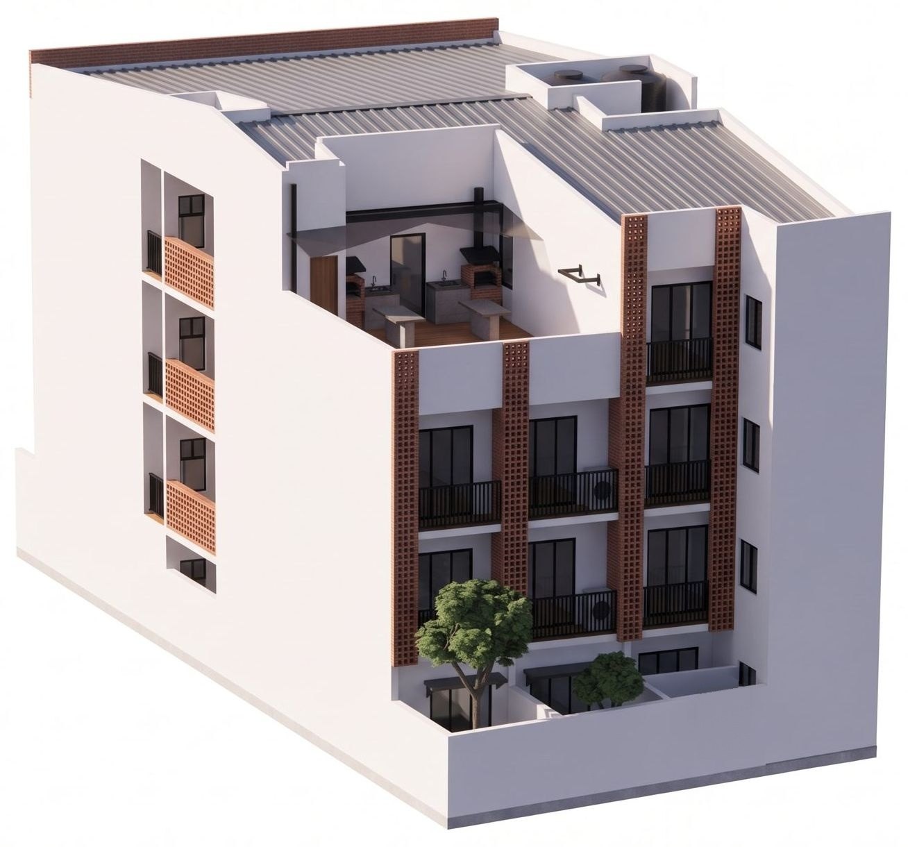 Vista aérea del contrafrente de Lumen Studios con balcones, patios de planta baja y la terraza común con parrillas en el último nivel