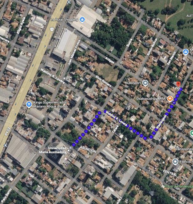 Mapa con el recorrido a pie desde Lumen Studios hasta la Universidad María Auxiliadora, con La Rural Shopping y la avenida PY03 cerca