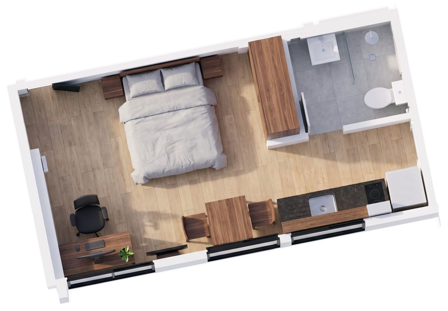 Render en planta de un monoambiente con cama, escritorio, mesa, cocina y baño